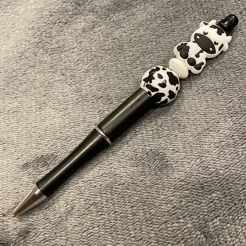 Black/White Print Baby Cow Calf Beaded Pen Writing Stationary